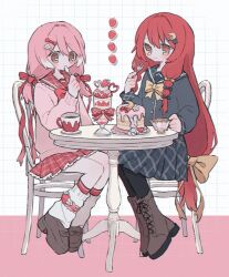  2girls black_bow black_pantyhose black_sailor_collar black_serafuku black_shirt black_skirt blush boots bow bowtie brown_boots brown_eyes brown_shoes buttons cake chair closed_mouth commentary commission crescent crescent_hair_ornament cup double-parted_bangs drinking_glass eating flower food fork frilled_skirt frills full_body grid_background hair_between_eyes hair_bow hair_flower hair_ornament highres holding holding_cup holding_fork holding_spoon lace-up_boots long_hair long_sleeves miniskirt multicolored_hair multiple_girls original pantyhose parfait parfait_glass pink_hair pink_sweater plaid_clothes plaid_sailor_collar plaid_skirt pleated_skirt red_bow red_hair red_sailor_collar ri_(qrcode) sailor_collar saucer school_uniform serafuku shirt shoes sitting skeb_commission skirt smile socks spoon star_(symbol) star_hair_ornament streaked_hair sweater table teacup untranslatable_commentary white_background white_socks white_streaks yellow_bow yellow_bowtie 