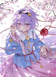  1girl artist_name black_hairband blue_shirt blush cherry_blossoms collared_shirt commentary contrast_collar cowboy_shot ctd_114 double-parted_bangs falling_petals frilled_sleeves frills hair_between_eyes hair_ornament hairband hand_up heart heart_hair_ornament highres komeiji_satori long_sleeves looking_at_viewer open_mouth petals pink_eyes pink_skirt purple_hair shirt short_hair skirt solo third_eye touhou watermark wide_sleeves 