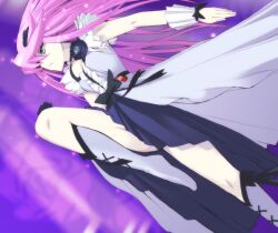  1girl black_bow black_flower black_rose blue_boots blue_eyes boots bow center_frills closed_mouth commentary_request dress dutch_angle flower foot_out_of_frame frills hair_ornament knee_boots leg_up long_hair original orion_(orionproject) pink_hair pleated_skirt purple_background rose showgirl_skirt skirt solo standing standing_on_one_leg white_dress wrist_cuffs 