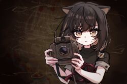  1girl animal_ears black_shirt brown_dress brown_hair camera cat_ears cat_girl dress english_text fatal_frame grimmi_(vtuber) highres holding holding_camera indie_virtual_youtuber looking_at_viewer medium_hair nervous_sweating pale_skin red_ribbon ribbon ringed_eyes rrosemarin shirt short_sleeves sweat virtual_youtuber yellow_eyes 
