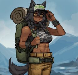  1girl abs animal_ears backpack bag baseball_cap bedroll black_hair black_nails bracelet braid cargo_pants collar commentary english_commentary ezzydraws freckles hat hat_tip highres jewelry looking_at_viewer mountainous_horizon original pants skeleton_print smile solo spiked_bracelet spikes tail toned twin_braids wolf_ears wolf_girl wolf_tail yellow_eyes 