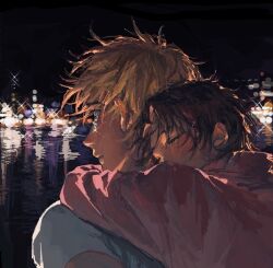  1boy 1girl akeuraji_tsukasa bh20647 blonde_hair blurry bokeh brown_hair building carrying child city cityscape closed_eyes depth_of_field from_behind hashtag-only_commentary jacket long_sleeves medalist_(manga) night piggyback pink_jacket scenery shirt short_hair tearing_up water white_shirt yellow_eyes yuitsuka_inori 