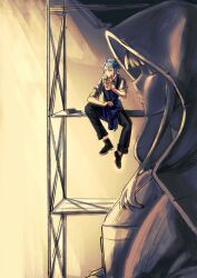  1boy absurdres blue_hair bubble_tea chinese_commentary commentary_request cup disposable_cup drinking drinking_straw full_body genshin_impact hair_between_eyes highres holding holding_cup kamisato_ayato looking_to_the_side mole mole_under_mouth pants raiden_shogun shade sitting sleeves_rolled_up solo statue statue_of_the_seven upper_body violet_eyes zai_aoye_wo_shi_gou 