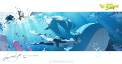  1girl aqua_hair bare_shoulders black_boots blue_necktie boots commentary copyright_logo detached_sleeves earphones hatsune_miku highres logo long_hair necktie official_art outdoors pokemon profile project_voltage rella seafloor sidelocks thigh_boots twintails underwater vocaloid watermark weibo_username weibo_watermark 