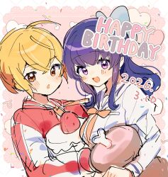  2girls :d :o ahoge blonde_hair blue_bow blue_hair blush_stickers boned_meat border bow commentary_request dated dot_nose double-parted_bangs food fruit hair_between_eyes hair_bow happy_birthday highres jacket juliet_sleeves long_hair long_sleeves looking_at_viewer meat multiple_girls open_mouth original outside_border pink_background pink_eyes puffy_sleeves red_jacket shirano_akihiro shirt short_hair sidelocks sketch smile strawberry upper_body white_border white_shirt yellow_eyes 