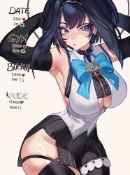  1girl absurdres arms_behind_head black_hair blue_eyes blue_hair blush breasts hair_intakes highres hololive hololive_english jewelry large_breasts long_hair looking_at_viewer multicolored_hair ouro_kronii shirt short_hair smile solo suliavtuber virtual_youtuber 