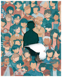  6+boys 6+girls abstract artist_name black_hair blonde_hair commentary crowd english_commentary faceless faceless_female faceless_male facing_viewer glasses hat highres hikaru_ga_shinda_natsu jacket japanese_clothes kimono long_hair looking_at_another looking_to_the_side male_focus multiple_boys multiple_girls paper shirt short_hair tsujinaka_yoshiki white_hair zipsunz 