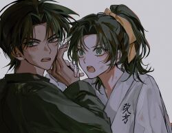  1boy 1girl black_jacket blush brown_hair commentary_request dirty dirty_clothes dirty_face evl_1230 furrowed_brow hair_ribbon hattori_heiji hetero highres holding_hands jacket japanese_clothes korean_commentary long_hair looking_at_another meitantei_conan open_mouth parted_bangs ponytail ribbon robe short_hair tan tooyama_kazuha upper_body white_background white_robe yellow_ribbon 