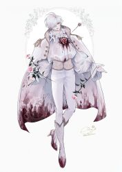  1boy absurdres arrow_(projectile) b_etty01tm blood blood_on_clothes blood_on_face blood_stain boots cape commentary_request earrings flower frilled_shirt_collar frills gold_trim hana_himeru_kimi_no_meteor heart-shaped_gem high_heel_boots high_heels highres jewelry lavi_van_valentin long_eyelashes long_sleeves male_focus official_art pants pink_flower pink_rose red_eyes rose shirt simple_background tassel vampire white_background white_cape white_hair white_pants white_shirt 