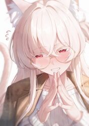  1girl absurdres akira_(blue_archive) alternate_costume animal_ear_fluff animal_ears averting_eyes blue_archive brown_jacket cat_ears cat_girl cat_tail colored_eyelashes commentary flying_sweatdrops glasses grin half-closed_eyes halo hands_up highres jacket jacket_on_shoulders long_hair long_sleeves oiru_(613) pink_halo portrait red_eyes round_eyewear simple_background smile solo steepled_fingers sweater tail white_background white_eyelashes white_hair white_sweater 