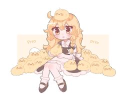  1girl animal_on_head apron baby_animal bird bird_on_head black_shoes black_skirt black_vest blonde_hair bloomers bow braid chick collared_shirt commentary frilled_skirt frills hair_bow kirisame_marisa long_hair missing_headwear nagomi_(nagomi_12) on_head puffy_short_sleeves puffy_sleeves shirt shoes short_sleeves side_braid single_braid skirt socks solo touhou untranslatable_commentary vest waist_apron white_apron white_bloomers white_shirt white_socks yellow_eyes 