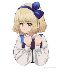 alice_margatroid alice_margatroid_(pc-98) blonde_hair blue_bow blue_vest blush book bow commentary_request frilled_shirt_collar frills grimoire_of_alice hair_bow highres holding holding_book long_sleeves puffy_long_sleeves puffy_sleeves short_hair touhou touhou_(pc-98) twitter_username vest yellow_eyes yugiri_(yugiri_picture) 