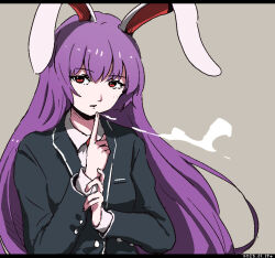  1girl animal_ears black_jacket blazer collared_shirt dated finger_gun jacket letterboxed long_hair long_sleeves looking_at_viewer necktie open_mouth purple_hair rabbit_ears rabbit_girl red_eyes red_necktie reisen_udongein_inaba shirt shishi_osamu solo touhou white_shirt 