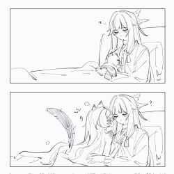  ! !! 2girls ? animal_ears blush cat cat_ears cat_tail clistrd closed_eyes columbina_(genshin_impact) embarrassed genshin_impact hair_ornament highres hug long_hair multiple_girls multiple_wings sandrone_(genshin_impact) simple_background sitting sketch smile tail white_background wing_hair_ornament wings yuri 