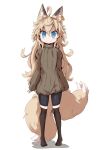  1girl :&gt; ahoge animal_ear_piercing animal_ears bike_shorts black_shorts black_thighhighs blonde_hair blue_eyes dress fox_ears fox_girl grey_sweater highres kazekiri light_blush long_hair looking_at_viewer messy_hair multiple_tails original petite shorts simple_background smile solo sweater sweater_dress tail thigh-highs variant_set very_long_hair white_background 