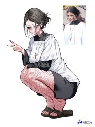  1girl absurdres arm_on_knee artist_logo artist_name black_eyeshadow black_hair black_sandals black_shirt black_skirt blue_eyes christianity cross eyeshadow fishnet_pantyhose fishnets full_body hair_bun hair_up high_collar highres latin_cross logo looking_at_viewer makeup messy_hair nisp_art original pantyhose photo_inset reference_inset sandals shirt sidelocks simple_background single_hair_bun skirt slides solo squatting tiptoes v white_background white_shirt 