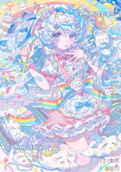  1girl animal_ears apron bear_ears blue_eyes blue_hair bow bowtie clouds dress frilled_dress frills hair_ornament hairclip heart highres holding long_hair looking_at_viewer maid_headdress open_mouth original paintbrush pastel_colors pink_bow pink_dress puffy_short_sleeves puffy_sleeves rainbow ribbon sample_watermark short_sleeves socks solo star_(symbol) watermark white_socks xiaochunli 