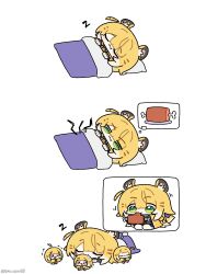  4girls :3 absurdres animal_ear_fluff animal_ears boned_meat chibi chibi_only closed_eyes closed_mouth colored_inner_hair commentary fang food green_eyes head_on_pillow highres jacket ju_fufu lying meat mini_person motion_lines multicolored_hair multiple_girls on_back on_stomach pillow sima_(startwitch) simple_background sleeping speech_bubble striped_fur striped_hair tail thought_bubble tiger_ears tiger_girl tiger_stripes tiger_tail under_covers white_background yellow_jacket zenless_zone_zero zzz 