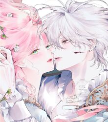  1boy 1girl absurdres b_etty01tm blush cape dress earrings flower frilled_shirt_collar frills gold_trim green_eyes hair_flower hair_ornament hana_himeru_kimi_no_meteor hetero highres jewelry lavi_van_valentin lipgloss official_art pectoral_cleavage pectorals pink_flower pink_hair pink_lips rose shirt simple_background stella_quinwich white_background white_flower white_hair white_rose white_shirt yellow_eyes 