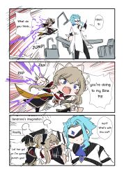  >_< 1boy 2girls absurdres ascot bare_shoulders black_collar black_gloves black_mask black_sleeves blue_ascot blue_eyes blue_hair blunt_ends blush bonnet brown_hair closed_eyes closed_mouth collar columbina_(genshin_impact) covered_eyes detached_collar detached_sleeves dottore_(genshin_impact) dress english_text eye_mask fang flailing genshin_impact gloves hair_bun hair_ornament hashtag-only_commentary head_wings headdress highres holding incoming_attack incoming_punch jumping long_sleeves looking_back mask motion_lines multiple_girls open_mouth operating_table punching running sandrone_(genshin_impact) sesield short_hair short_hair_with_long_locks sidelocks sink speech_bubble speed_lines sweatdrop table white_headdress winding_key wing_hair_ornament wings 