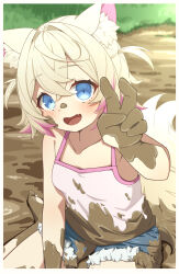  1girl absurdres alternate_costume aobara_hairi blonde_hair blue_shorts commentary_request dirt dirty dirty_clothes dirty_face highres hololive hololive_english looking_at_viewer medium_hair misleading_thumbnail mococo_abyssgard multicolored_hair pink_shirt pink_streaks shirt shorts smile solo streaked_hair two_side_up virtual_youtuber 