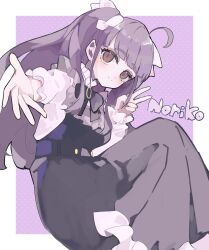  1girl ahoge black_bow black_bowtie black_dress border bow bowtie brown_eyes character_name chofu_noriko closed_mouth commentary dress feet_out_of_frame frilled_dress frilled_shirt frilled_sleeves frills hair_bow highres ikizulive!_love_live!_bluebird knees_up light_blush long_dress long_sleeves looking_at_viewer love_live! nagisa_iori offering_hand outside_border outstretched_arm pinafore_dress pink_bow pink_shirt polka_dot polka_dot_background purple_background purple_hair reaching reaching_towards_viewer shirt sleeveless sleeveless_dress smile solo two_side_up v white_border 