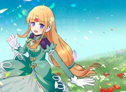  1girl black_bodysuit blonde_hair blue_eyes blush bodysuit breasts commission dress facial_mark forehead_mark grass green_dress mega_man_(series) mega_man_zx petals prairie_(mega_man) rikka_(user_hruv2435) robot_ears solo watermark 