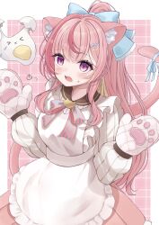 >_< 1girl absurdres animal_ear_fluff animal_ears apron blue_bow blue_ribbon blush border bow bowtie broken_egg cat_ears cat_girl cat_tail commentary_request egg frilled_apron frills hair_bow hair_ornament hairclip hands_up highres indie_virtual_youtuber long_hair long_sleeves multicolored_hair open_mouth oven_mitts oyuharu parallel_hairclips paw_print pink_background pink_bow pink_bowtie pink_hair pink_skirt pink_tail plaid_background pleated_skirt ponytail puffy_long_sleeves puffy_sleeves ribbed_sweater ribbon skirt solo streaked_hair striped_bow striped_bowtie striped_clothes sweatdrop sweater tail tail_ornament tail_ribbon upper_body violet_eyes virtual_youtuber white_apron white_border white_sweater yuuki_sakuna 