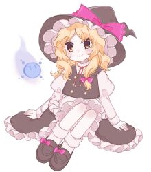  1girl apron black_hat black_shoes black_skirt black_vest blonde_hair blush bow closed_mouth commentary_request frilled_skirt frills hair_bow hat hat_bow highres juliet_sleeves kirisame_marisa long_hair long_sleeves nagomi_(nagomi_12) neck_ribbon official_alternate_costume pink_bow puffy_sleeves red_ribbon ribbon shoes skirt smile socks solo ten_desires touhou vest waist_apron white_socks witch_hat yellow_eyes 