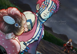  1girl 4boys abs akaza_(kimetsu_no_yaiba) bare_pectorals black_hair blonde_hair blood blood_from_mouth blood_on_face blue_sclera boar_mask checkered_haori colored_sclera commentary_request dated demon_slayer_uniform dutch_angle facial_tattoo full-body_tattoo grass hair_bun hair_ornament haori hashibira_inosuke holding holding_sword holding_weapon japanese_clothes kamado_tanjirou kimetsu_no_yaiba kimono kneeling koyuki_(kimetsu_no_yaiba) mountainous_horizon multicolored_hair multiple_boys muscular muscular_male one_eye_closed pectorals pink_kimono pink_vest red_hair rengoku_kyoujurou single_hair_bun snowflake_hair_ornament streaked_hair sword symbol-shaped_pupils tattoo topless_male twitter_username two-tone_hair vest weapon white_haori yellow_eyes yuya-art 