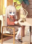  1girl blue_eyes brown_dress brown_footwear cake cake_slice closed_mouth commentary_request crown cup disposable_cup dress drinking_straw food grey_hair healer_girl_(yuuhagi_(amaretto-no-natsu)) high_collar highres holding holding_cup indoors long_hair long_sleeves mini_crown on_chair original plant plate pleated_dress red_shirt shirt shoes sitting sleeveless sleeveless_dress socks solo table tilted_headwear very_long_hair white_socks yuuhagi_(amaretto-no-natsu) 