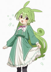  1girl :d animal_ears black_pantyhose commentary_request corn_kuten dot_nose dress feet_out_of_frame frilled_dress frills green_hair green_jacket head_tilt jacket long_hair long_sleeves looking_at_viewer neck_ribbon ojou-sama_zundamon open_mouth orange_eyes pantyhose pink_ribbon pleated_dress rabbit_ears rabbit_girl ribbon sidelocks skirt_hold smile solo twitter_username voicevox white_dress zundamon 