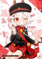  1girl ;d animal_ears artist_name bell black_jacket bow bowtie capricorn_(constellation) chizu_(421ooouy) commentary_request constellation cowbell cowboy_shot dot_nose double-parted_bangs drop_shadow grid_background grin hair_between_eyes highres holding holding_letter horns jacket layered_sleeves letter long_sleeves looking_at_viewer mailbag neck_bell one_eye_closed original outline personification red_bow red_bowtie red_eyes red_shorts sheep sheep_ears sheep_girl sheep_horns short_hair shorts smile solo star_(symbol) twitter_username watermark white_background white_hair white_outline 