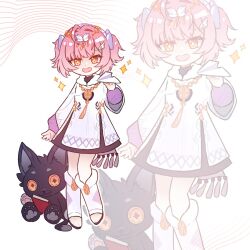  1girl aemeath_(wuthering_waves) aemeath_(young)_(wuthering_waves) artist_name commentary dress getty-gy hair_ornament hairband holding holding_paper_airplane long_sleeves looking_at_viewer open_mouth orange_eyes paper_airplane pink_background short_twintails smile solo star-shaped_pupils star_(symbol) stuffed_animal stuffed_cat stuffed_toy symbol-shaped_pupils twintails white_dress white_hairband wuthering_waves zoom_layer 