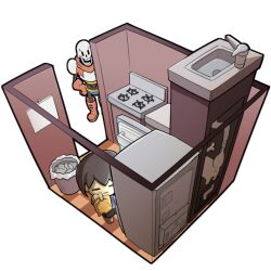  1other 2boys =_= annoying_dog armor bag_of_chips black_bodysuit black_shorts bodysuit boots breastplate brown_hair brown_shoes calendar_(object) checkered_floor commentary_request dog dog_tail empty_food_container faucet frisk_(undertale) gloves hand_on_own_hip holding houten_(dre_a_mer) in-universe_location kitchen lead_pipe medium_hair multiple_boys open_refrigerator papyrus_(undertale) red_boots red_gloves red_scarf refrigerator scarf shirt shoes shorts simple_background sink skeleton smile stove striped_clothes striped_shirt tail too_short trash_can undertale utdr_(toby_fox) v-shaped_eyebrows white_background x_anus 