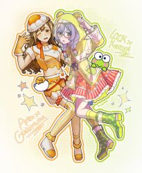  2girls animal_hood arm_up artist_collaboration asahi_rokka bang_dream! bang_dream!_girls_band_party! blonde_hair bloomers blue-framed_eyewear blue_hair boots bow bowtie braid brown_eyes character_name crop_top crossover english_commentary food-themed_hat frilled_skirt frills frog_hood full_body glasses gloves green_boots green_eyes green_hood green_outline green_raincoat gudetama hair_bow halftone halftone_background hasunoue_keroppi hat highres hood hood_up ichigaya_arisa kero_kero_keroppi kneehighs layered_skirt layered_sleeves light_blush long_hair long_sleeves low_twin_braids luvechaee midriff multicolored_shirt multiple_girls neck_ribbon one_eye_closed open_mouth orange_gloves orange_hat orange_ribbon orange_shorts outline polka_dot polka_dot_boots polka_dot_skirt raincoat rairakkyue red_bow red_bowtie red_skirt ribbon round_eyewear rubber_boots sanrio shirt shoes short_sleeves shorts single_thighhigh skirt socks sparkle star_(symbol) striped_clothes striped_skirt striped_thighhighs thigh-highs twin_braids two-tone_hat white_hat white_shirt white_shoes yellow_outline yellow_shirt yellow_socks 