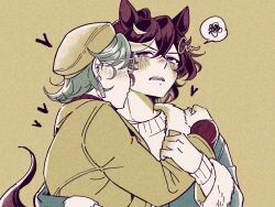  2girls adversarial_noise animal_ears blue_eyes blush brown_hair commentary earrings female_trainer_(umamusume) freckles gaman glasses hand_on_another's_arm hand_on_another's_shoulder hat heart horse_ears horse_girl horse_tail jacket jewelry katsuragi_ace_(umamusume) kiss kissing_neck multiple_girls open_mouth spoken_squiggle squiggle sweater tail trainer_(umamusume) umamusume untranslatable_commentary upper_body yuri 