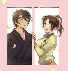  1boy 1girl black_robe border breasts brown_hair falling_petals forked_eyebrows fukushiro_hijiri green_eyes grey_eyes hair_between_eyes hair_ribbon highres jacket japanese_clothes light_blush long_hair looking_at_another medium_breasts meitantei_conan open_mouth orange_skirt parted_bangs parted_lips petals pink_border pink_ribbon ponytail ribbon robe sayaendou0426 shirt short_hair skirt smile teeth tooyama_kazuha upper_teeth_only white_background yellow_jacket yellow_petals yellow_shirt 