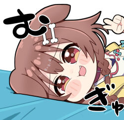  1girl :3 :d animal_ears blush_stickers bone_hair_ornament braid brown_hair collar commentary dog_ears dog_girl dot_nose fang floppy_ears hair_ornament hand_up hololive inugami_korone jacket long_hair looking_at_viewer lying nabe_(nabe_otome) on_side open_clothes open_jacket open_mouth portrait red_collar red_eyes simple_background smile solo twin_braids untranslatable_commentary v virtual_youtuber white_background yellow_jacket 