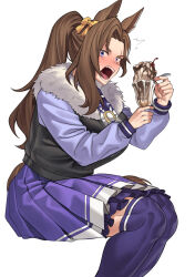  1girl ^^^ absurdres animal_ears bow bowtie brown_hair cherry commentary commission ear_bow eyes_visible_through_hair feet_out_of_frame food fruit fukuro_(maruaru00) fur-trimmed_vest fur_trim genderswap genderswap_(mtf) hair_intakes highres holding holding_spoon horse_ears horse_girl horse_tail ice_cream kelso_(racehorse) long_hair long_sleeves looking_at_viewer open_mouth original personification pleated_skirt ponytail purple_sailor_collar purple_shirt purple_skirt purple_thighhighs sailor_collar scar scar_across_eye scar_on_face shirt simple_background sitting skirt solo spoon sundae tail thigh-highs umamusume vest violet_eyes white_background white_bow white_bowtie yellow_bow 