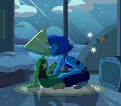  2girls arm_support blue_hair blue_skin closed_eyes clouds colored_skin commentary controller english_commentary face_shield from_side gem gem_(steven_universe) green_gem green_skin hand_up holding holding_controller holding_remote_control indoors kiss lapis_lazuli_(steven_universe) looking_at_another multiple_girls night official_style on_floor peridot_(steven_universe) remote_control rug short_hair sitting star_(symbol) steven_universe television timehuntress triangle-shaped_hair yuri 