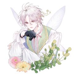  1boy absurdres b_etty01tm black_gloves earrings fairy_wings flower frills gloves hana_himeru_kimi_no_meteor hashtag-only_commentary heterochromia highres jewelry lavi_van_valentin leaf long_eyelashes looking_at_viewer male_focus official_art pink_flower pink_ribbon plant ribbon shirt simple_background vampire white_background white_hair white_shirt wings 