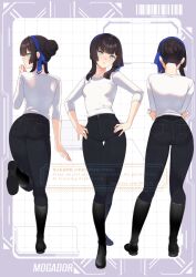  1girl ass black_hair black_pants black_shoes blue_hairband character_name commentary_request commission front_and_back full_body green_eyes hair_between_eyes hairband hands_on_own_hips kantai_collection koruri long_hair mogador_(kancolle) multiple_views pants shirt shoes skeb_commission standing white_shirt 