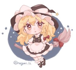  1girl apron black_hat black_shoes black_skirt black_vest blonde_hair bow braid broom broom_riding chibi chibi_only commentary_request hair_bow hat hat_bow hat_ornament highres kirisame_marisa long_hair looking_at_viewer marisa_day mary_janes nagomi_(nagomi_12) red_bow shoes side_braid skirt socks solo star_(symbol) star_hat_ornament touhou vest waist_apron white_apron white_bow white_socks witch_hat yellow_eyes 