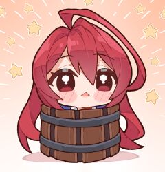  1girl ahoge barrel blush blush_stickers elizabeth_rose_bloodflame highres hololive hololive_english kukie-nyan long_hair looking_at_viewer open_mouth red_hair solo star_(symbol) triangle_mouth very_long_hair virtual_youtuber 