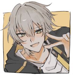  1boy black_gloves border caelus_(honkai:_star_rail) collarbone commentary_request culumisan_dayon fang fingerless_gloves gloves grey_hair hair_between_eyes hand_up highres honkai:_star_rail honkai_(series) hood hooded_jacket jacket lapels long_sleeves looking_at_viewer male_focus open_clothes open_jacket open_mouth orange_background outside_border shirt short_hair simple_background smile solo t-shirt teeth tongue trailblazer_(honkai:_star_rail) two-sided_fabric two-sided_jacket v white_border white_shirt yellow_eyes yellow_jacket 