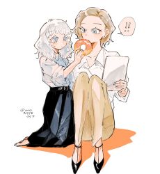  ! !! 2girls atsuage_(amo91958757) barefoot black_shoes black_skirt blonde_hair child collared_shirt commentary_request doughnut emily_(resident_evil) feeding food grace_ashcroft grey_eyes highres holding holding_food holding_paper long_skirt multiple_girls pants paper resident_evil resident_evil_requiem shirt shoes sitting skirt sleeves_rolled_up spoken_exclamation_mark twitter_username white_hair white_shirt yellow_pants 