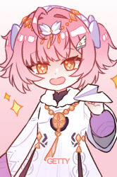  1girl aemeath_(wuthering_waves) aemeath_(young)_(wuthering_waves) artist_name commentary dress getty-gy hair_ornament hairband holding holding_paper_airplane long_sleeves looking_at_viewer open_mouth orange_eyes paper_airplane pink_background short_twintails smile solo star-shaped_pupils star_(symbol) symbol-shaped_pupils twintails upper_body white_dress white_hairband wuthering_waves 