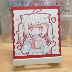  1girl absurdres ahoge animal_ear_fluff animal_ears bendy_straw blurry blurry_background bow brown_hair cat_ears cat_girl cat_tail cherry_hair_ornament collared_shirt commentary_request depth_of_field dress_shirt drinking_straw food-themed_hair_ornament hair_ornament hairclip hand_up highres holding long_sleeves nakkar original photo_(medium) pink_skirt plaid_bow pleated_skirt puffy_long_sleeves puffy_sleeves red_bow red_eyes shirt skirt sleeves_past_wrists solo tail traditional_media twintails upper_body v white_shirt 