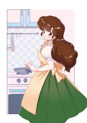  1girl absurdres apron brown_eyes brown_hair character_request check_character closed_mouth commentary_request egg highres holding holding_egg housewife indoors long_hair looking_at_viewer looking_back miyano68mamo ranma_1/2 smile solo stove tendou_kasumi yellow_apron 